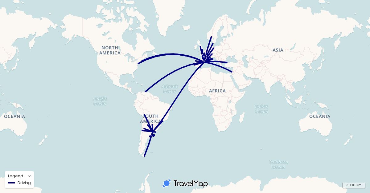 TravelMap itinerary: driving in Argentina, Bolivia, Brazil, Switzerland, Chile, Germany, Denmark, Spain, France, United Kingdom, Israel, Italy, Norway, Portugal, Turkey, United States, Uruguay, Venezuela (Asia, Europe, North America, South America)